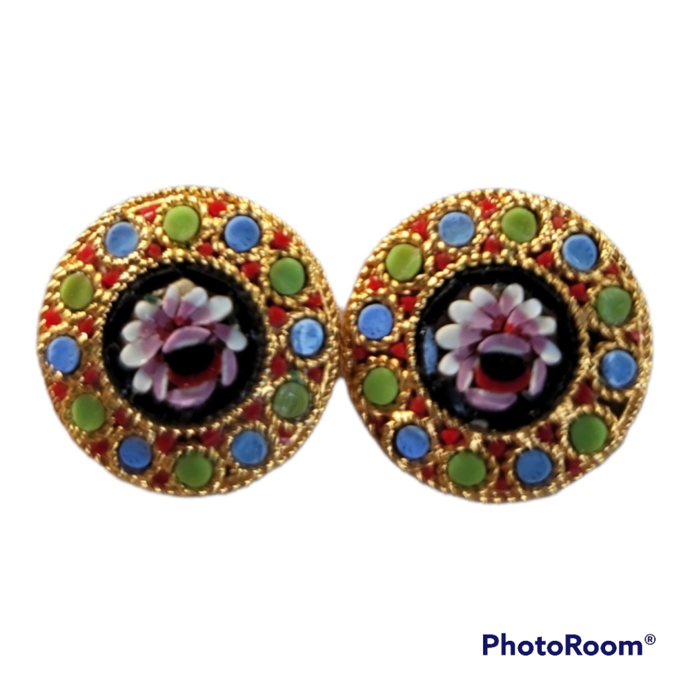 Vtg Gemstone Flower Clip On Earrings